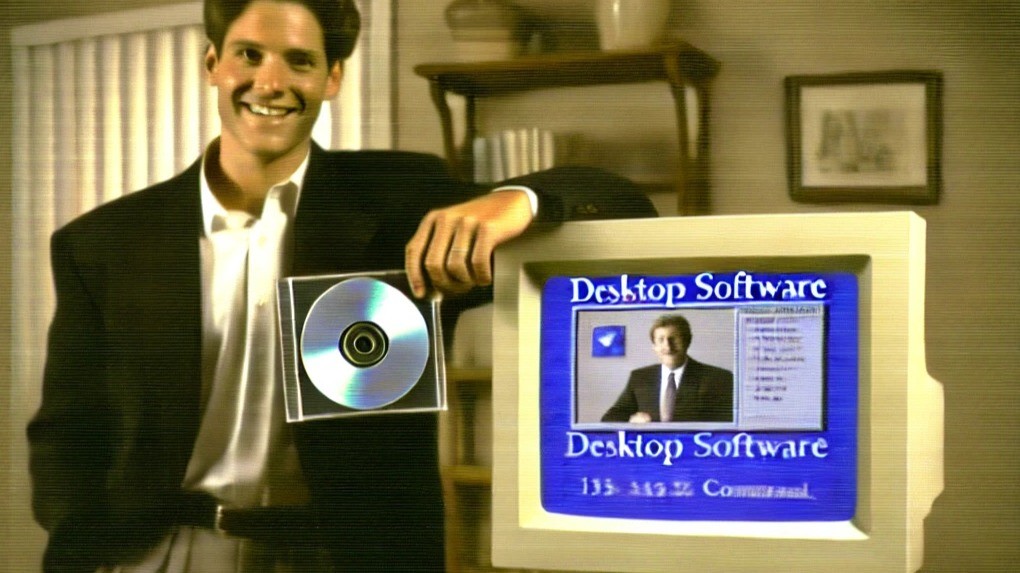 A nostalgic 90s-era computer software marketing photo