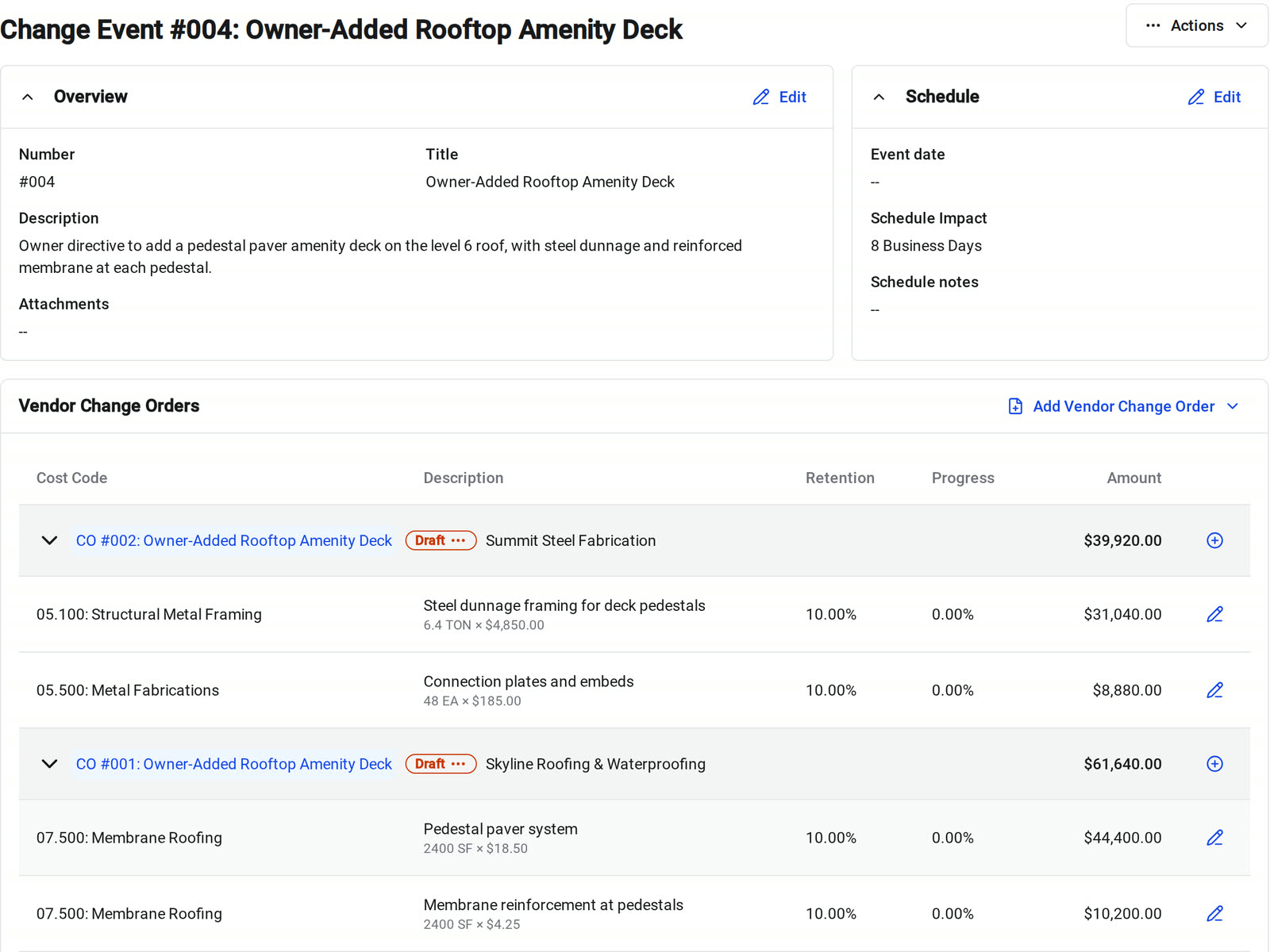A change event in Constructable for an owner-added rooftop deck, with its schedule impact and two vendor change orders priced by quantity and unit price