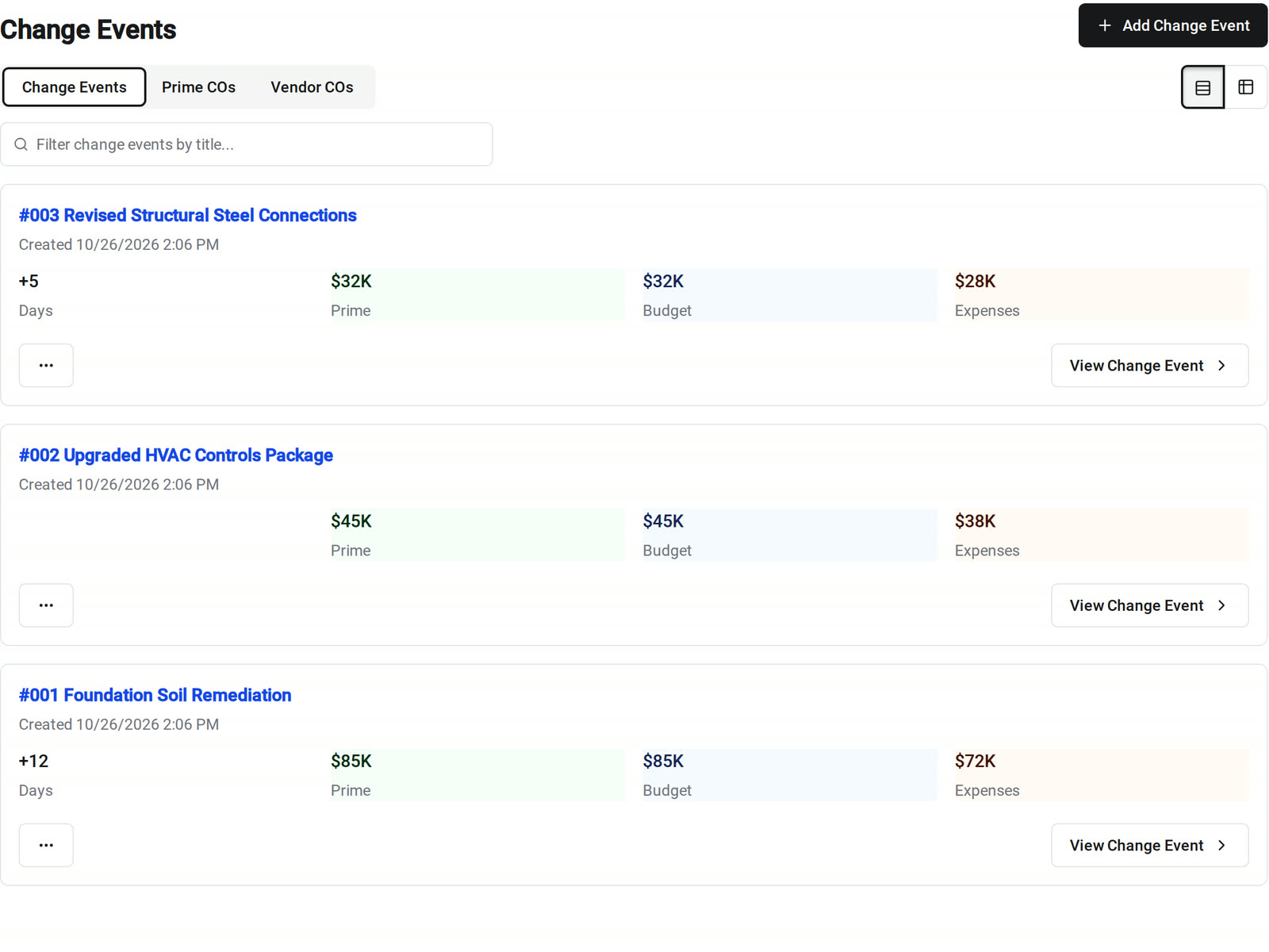 The Change Events page in Constructable, listing three change events with their schedule impact in days and their prime, budget, and expense totals