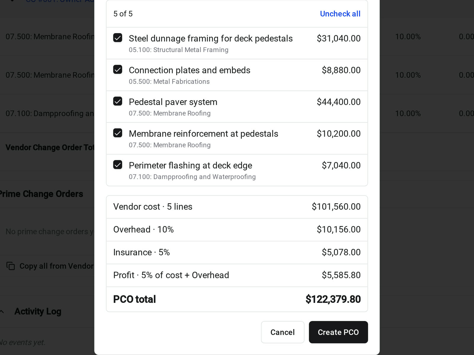 The Copy to prime change order dialog in Constructable, with five vendor lines selected, a $101,560 vendor cost, overhead, insurance, and profit markups, and a $122,379.80 prime change order total
