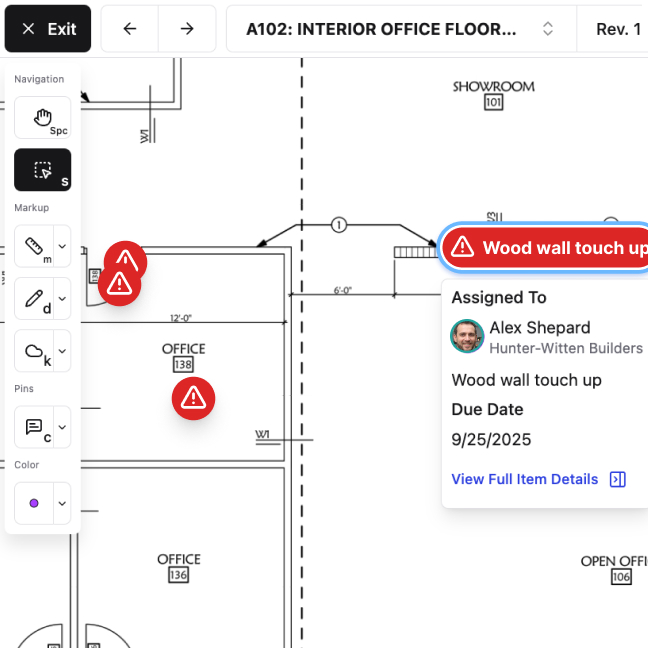 A screenshot of Constructable's drawing viewer feature with the punch list tool active, which allows users to pin punch items directly to their real-world location on the corresponding drawings. The screenshot shows a drawing sheet of one of the building's floorplans with several punch items pinned directly on it, showing the location of each deficiency on the drawing sheet. One of the pins is selected, which reveals a short summary of the punch item indicating that a touch-up is needed on the decorative wood wall panel and its due date is shown. The user can simply click the 'view full item details' link to reveal the selected punch item's full details. When viewing the full details, users can adjust the attributes of the punch item, such as the due date, status, assignee, and add media or other attachments for other team members to see.